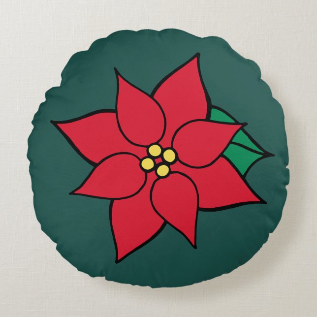 Red Poinsettia Round Pillow  (Front)