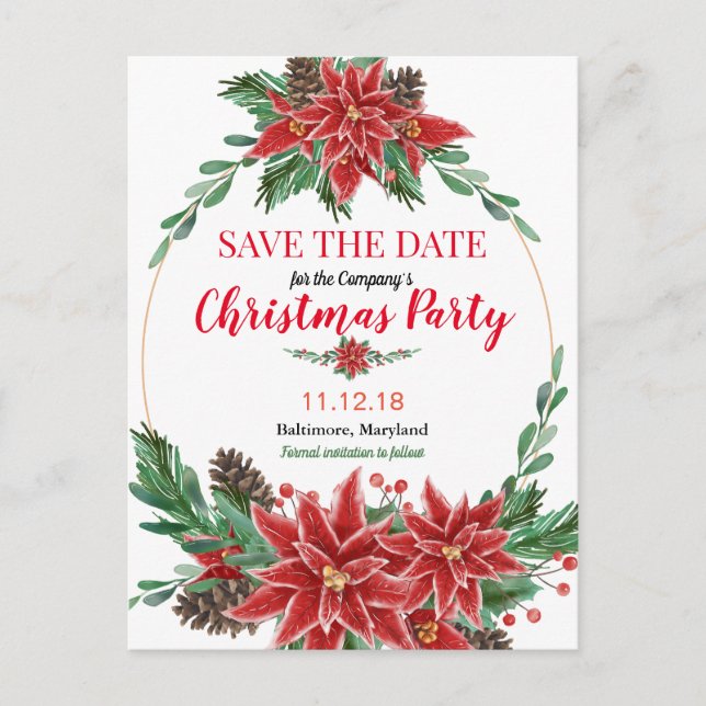 Red Poinsettia Save The Date Christmas Party Announcement Postcard (Front)