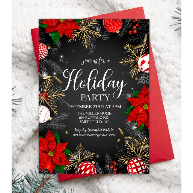 Red Poinsettia Snowflake Ornaments Holiday  Invitation (Creator Uploaded)