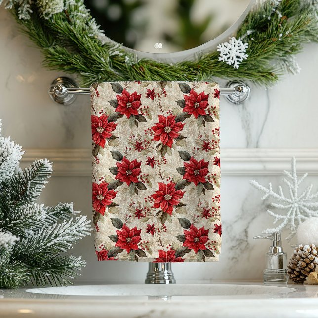 Red Poinsettia Tablecloth Classic Holiday Decor Bath Towel Set (Red Poinsettia Tablecloth Classic Holiday Decor)