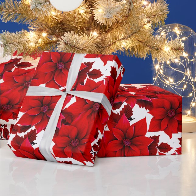 Red Poinsettia Vintage Pastel Christmas Seamless Wrapping Paper (Holidays)