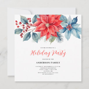 Red Poinsettia Watercolor Christmas  Invitation