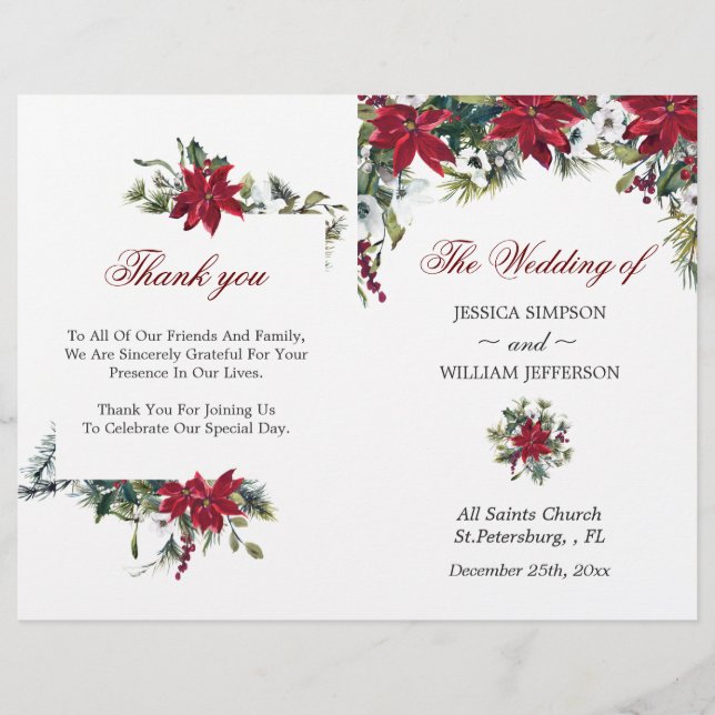 Red Poinsettia Watercolor Folded Wedding Program (Front)
