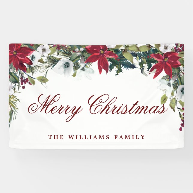 Red Poinsettia Watercolor Merry Christmas Holiday Banner (Horizontal)