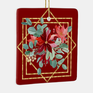 Red Poinsettia Watercolors and Gold Geo Frame Ceramic Ornament