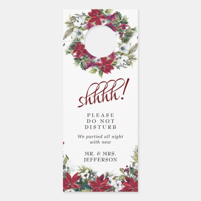 Red Poinsettia Wedding Welcome Do Not Disturb Door Hanger (Front)