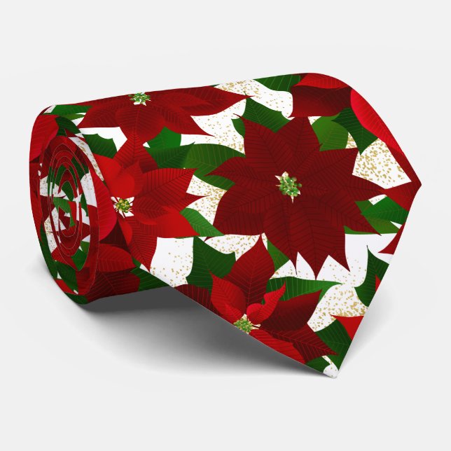 Red Poinsettia White Christmas Tie (Rolled)