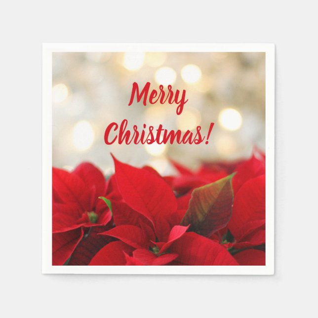 Red Poinsettia White Gold Bokeh Christmas Party Napkin (Front)