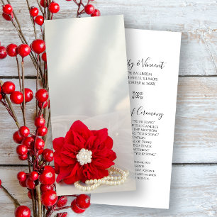 Red Poinsettia White Pearls Winter Wedding Program Programme