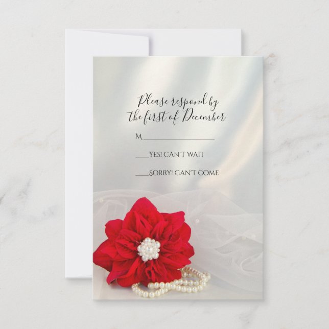 Red Poinsettia White Pearls Winter Wedding RSVP (Front)