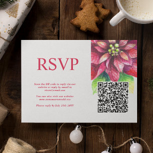 Red Poinsettia Winter Christmas Wedding QR Code  RSVP Card