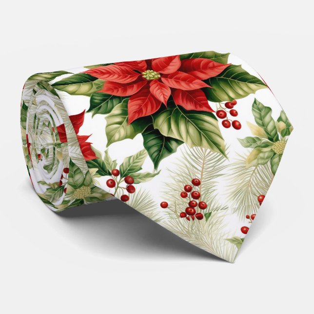 Red Poinsettia Winter Flower Christmas Holiday Tie (Rolled)