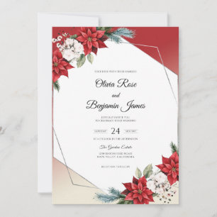 Red Poinsettia Winter Muted Eucalyptus Wedding Invitation
