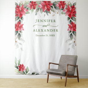 Red Poinsettia Winter Wedding Photo Booth Backdrop Tapestry