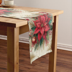 Red Poinsettia with Gold Glitter Christmas  Short Table Runner