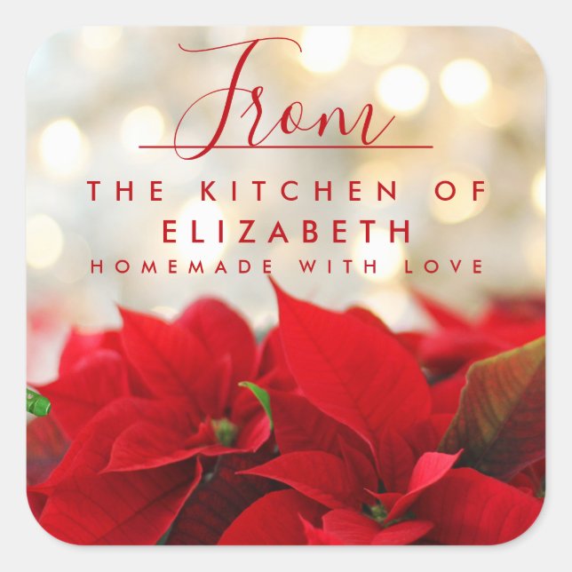 Red Poinsettia with Golden Bokeh Christmas Kitchen Square Sticker (Front)