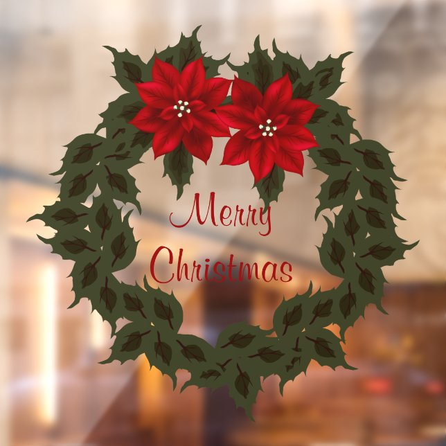 Red Poinsettia Wreath Christmas Vinyl Window Cling (Sheet 2)