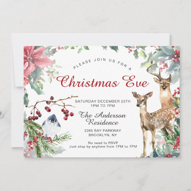 Red Poinsettia Wreath Deer & Bird Christmas Eve Invitation (Front)