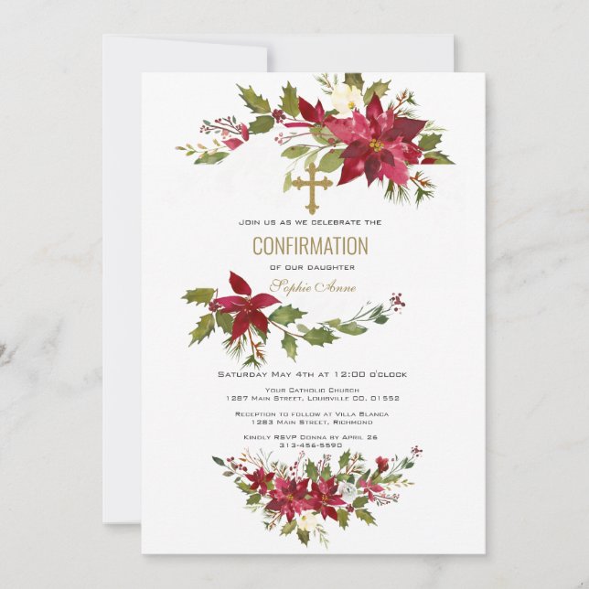 Red Poinsettia Wreath Gold Cross Confirmation Invitation (Front)