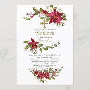 Red Poinsettia Wreath Gold Cross Confirmation Invitation