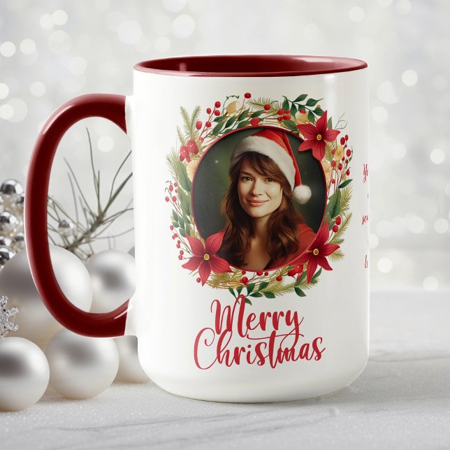 Red Poinsettia Wreath Holiday Christmas Photo Mug (Red Poinsettia Wreath Holiday Christmas Photo Mug)