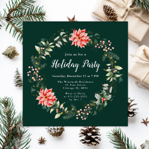 Red Poinsettia Wreath Holiday Party Invitation