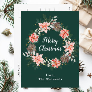 Red Poinsettia Wreath Merry Christmas Holiday Postcard