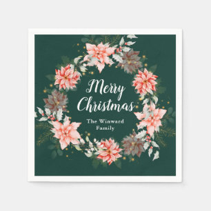 Red Poinsettia Wreath Merry Christmas Napkin