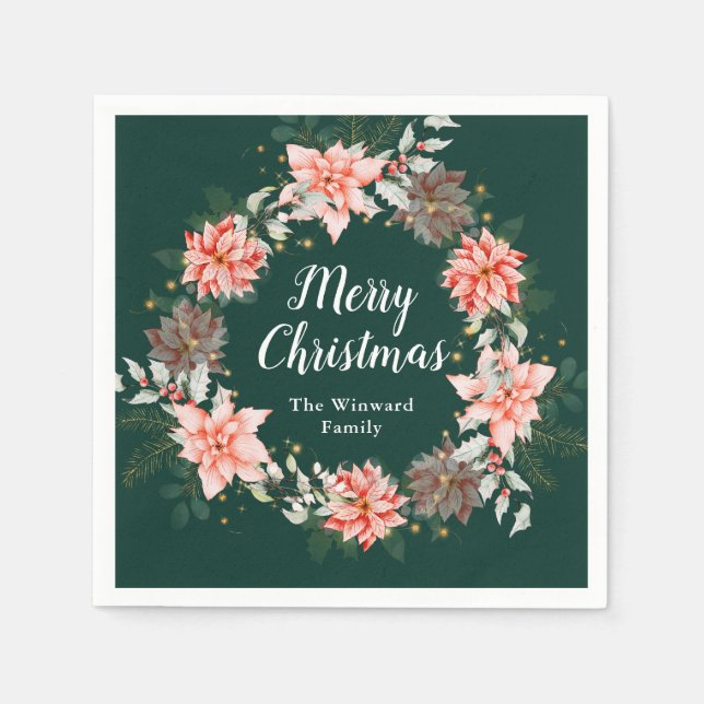 Red Poinsettia Wreath Merry Christmas Napkin (Front)