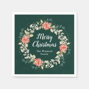 Red Poinsettia Wreath Merry Christmas Napkin