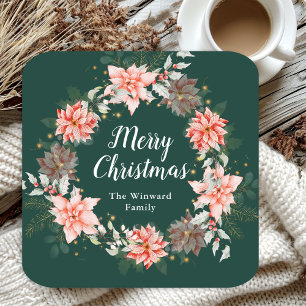 Red Poinsettia Wreath Merry Christmas Square Paper Coaster
