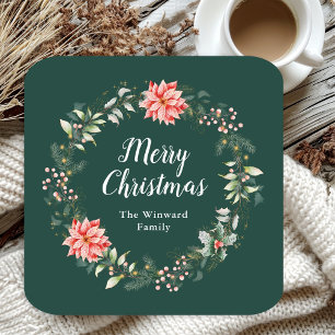Red Poinsettia Wreath Merry Christmas Square Paper Coaster
