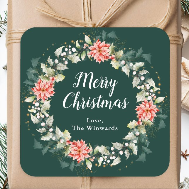 Red Poinsettia Wreath Merry Christmas Square Sticker (Creator Uploaded)