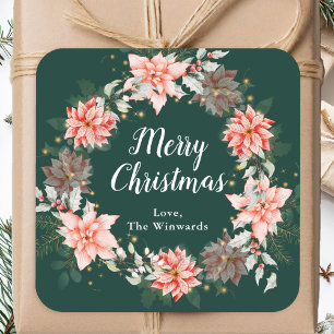 Red Poinsettia Wreath Merry Christmas Square Sticker