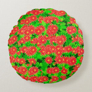 Red Poinsettias and Green Holly Round Cushion