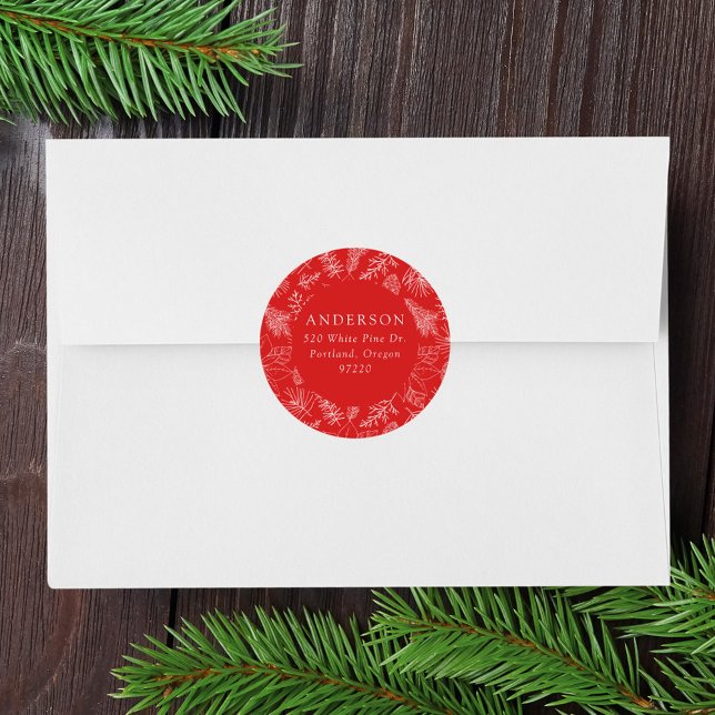 Red Poinsettias and Pinecones Return Address Classic Round Sticker (Creator Uploaded)