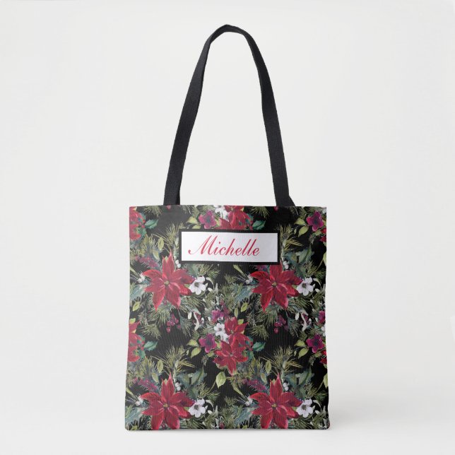 Red Poinsettias and White Flowers on Black Tote Bag (Front)