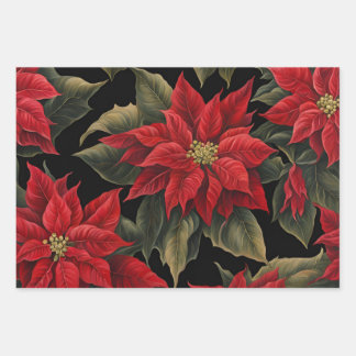Red Poinsettias Black Christmas Flowers Wrapping Paper Sheet