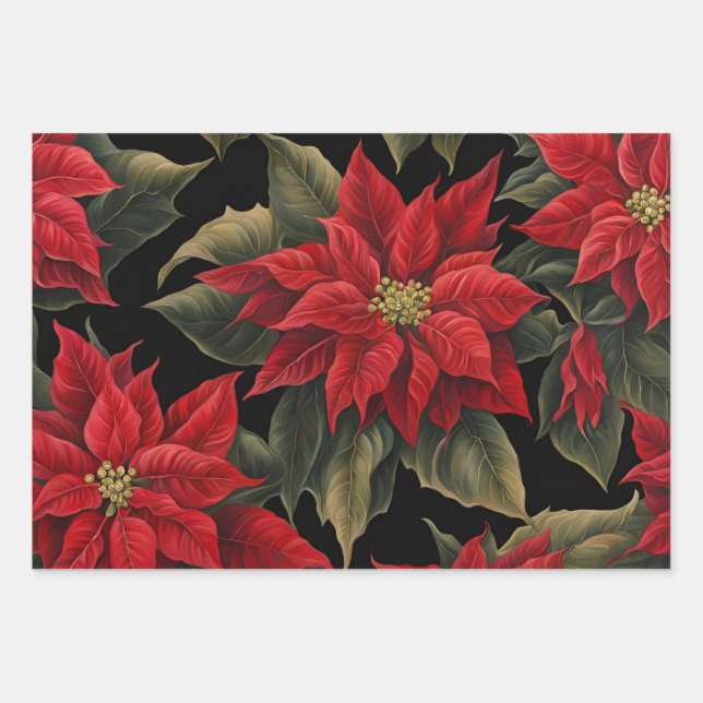 Red Poinsettias Black Christmas Flowers Wrapping Paper Sheet (Front)
