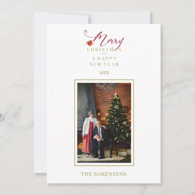 Red Poinsettias Chic Merry Christmas Photo Family (Front)