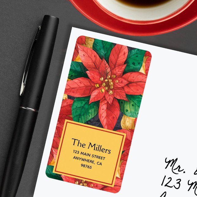Red Poinsettias Christmas Floral Return Address Label (Creator Uploaded)