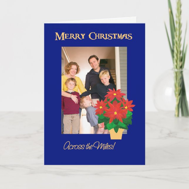 Red Poinsettias Christmas Photo Across the Miles Holiday Card (Front)