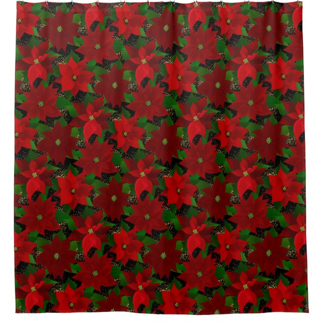 Red Poinsettias Christmas Shower Curtain (Front)