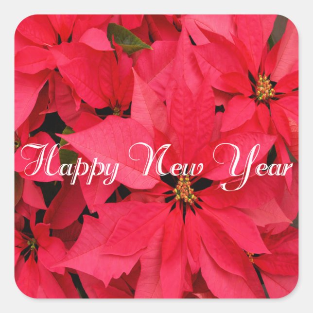 Red Poinsettias Flowers Floral Happy New Year Square Sticker (Front)