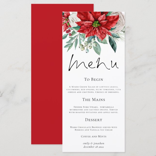 Red Poinsettias Foliage Christmas Wedding Menu (Front/Back)