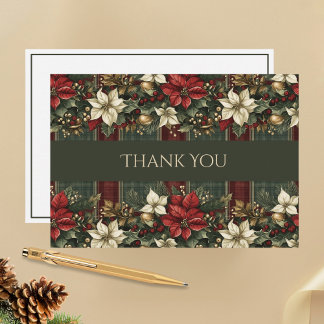 Red Poinsettias Gold Foliage Plaid Christmas Thank You Card
