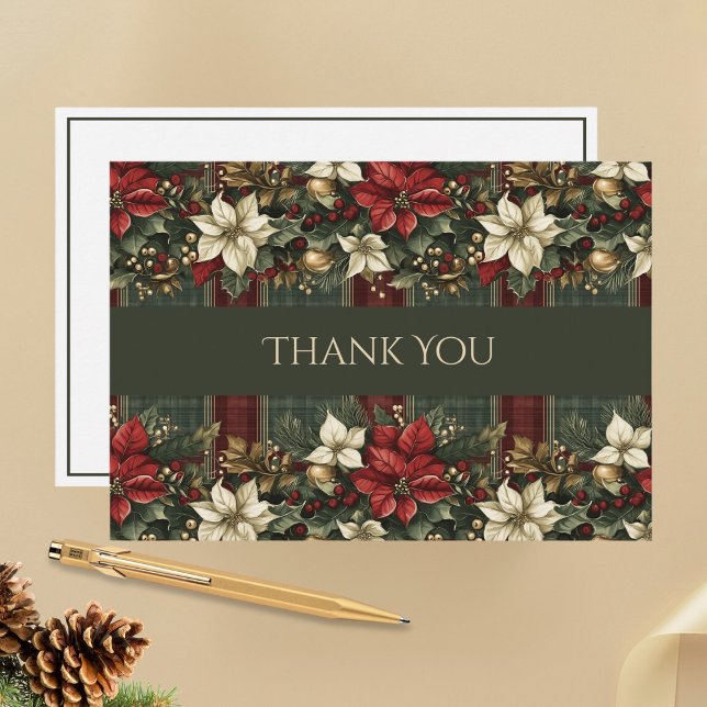 Red Poinsettias Gold Foliage Plaid Christmas  Thank You Card (Creator Uploaded)