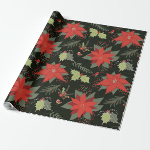 Red Poinsettias Green Holly Christmas Wrapping Paper
