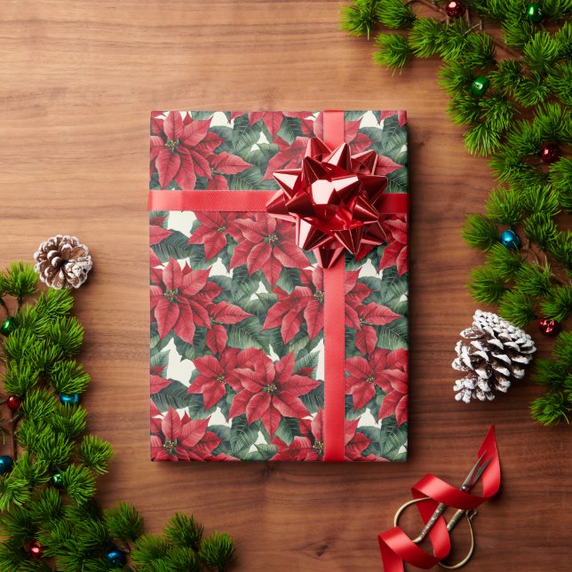 Red Poinsettias Green Leaves Wrapping Paper (Holiday Gift)