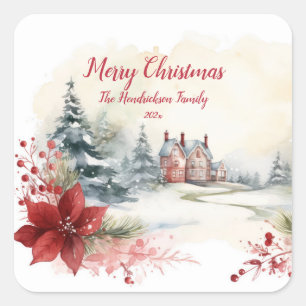 Red Poinsettias Green Pine Trees Christmas Square Sticker